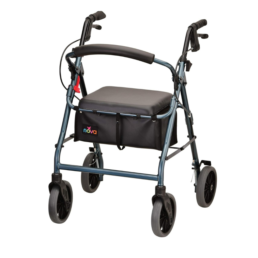 The Nova Medical Zoom Rollator Rolling Walker features four wheels, hand brakes, a padded seat, black handles, a black nova-logo storage pouch, and comes in 4 size options with comfortable seat heights and a metallic blue frame.